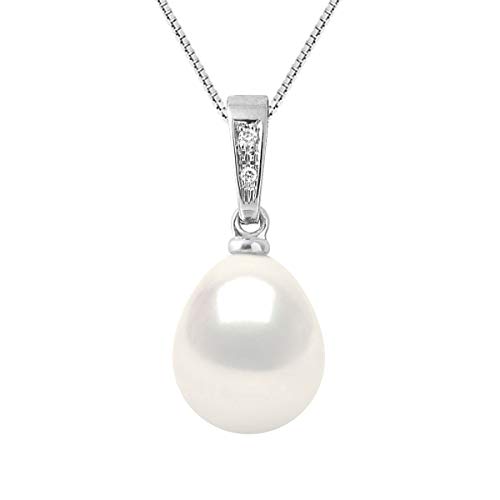 PEARLS & COLORS - Juwelieranhänger Echte Süßwasserzuchtperle Birne 9-10 mm - Qualität AAA+ - Naturweiß - Diamant 0.020 Cts - Erhältlich in Gelbgold und Weißgold - Damenschmuck von PEARLS & COLORS NATURAL FINE PEARLS