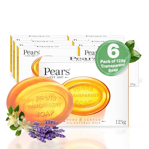 Pears Pure & Gentle Transparente Seifenstücke mit natürlichen Ölen - Angereichert mit ätherischen Ölen, Tägliche Anwendung für Gesicht & Körper, Für alle Hauttypen, Männer & Frauen - 6er Pack, 125g von PEARS