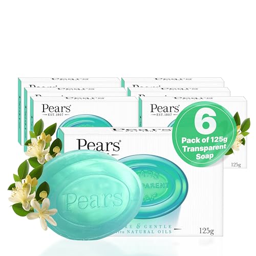 Pears Pure & Gentle Transparente Seifenstücke mit natürlichen Ölen - Erfrischende Reinigung, Tägliche Anwendung für Gesicht & Körper, Alle Hauttypen, Männer & Frauen - 6er Pack, 125g von PEARS