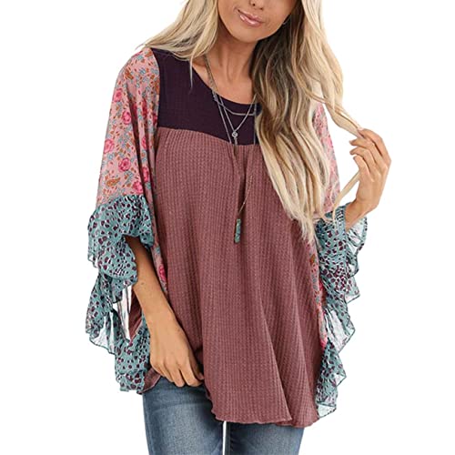 Damen Sommer Tops Rundhals Chiffon Trompetenärmel Druck Patchwork Waffel Top Bluse Komfort und Freizeit Tunika Shirts Stilvoll und elegant Lockerer Pullover Fledermaus Halbarm Shirt Top Bluse von PECHEMO