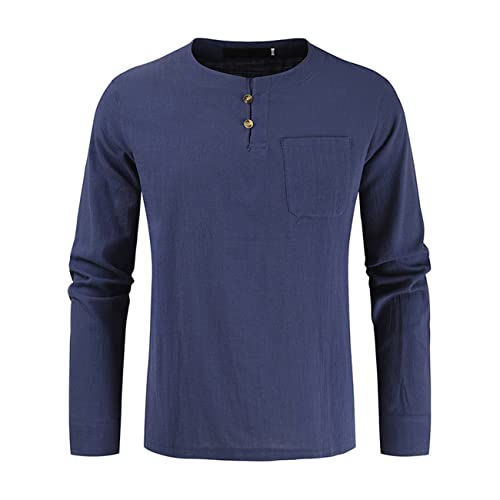 Herren Baumwolle Leinen Henley Shirt Langarm Hippie Casual Kragenlos Herbst Winter T Shirts Rundhals Knopf mit Tasche Tops Plain Regular Fit Casual Business Retro Shirt Tops T Shirts von PECHEMO