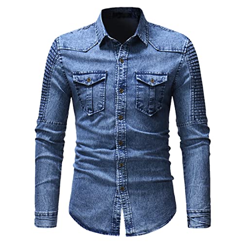 Herren Jeanshemd mit Revers Druckknöpfen ausgewaschen gerippt dehnbar dickes Denim Jeanshemd normale Nieten Druckknopf Pattentaschen Mode und Freizeit schmale Passform Jeansblaues Hemdoberteil von PECHEMO