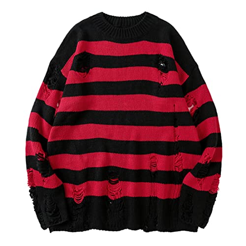 Herren Schwarz Rot Gestreift Strickpullover Herbst Winter Loch Pullover All-Match Übergroße Sport Lose Streetwear Harajuku Pullover Mode Lässig Rundhals Paar einfarbig Outdoor Pullover Pullover von PECHEMO