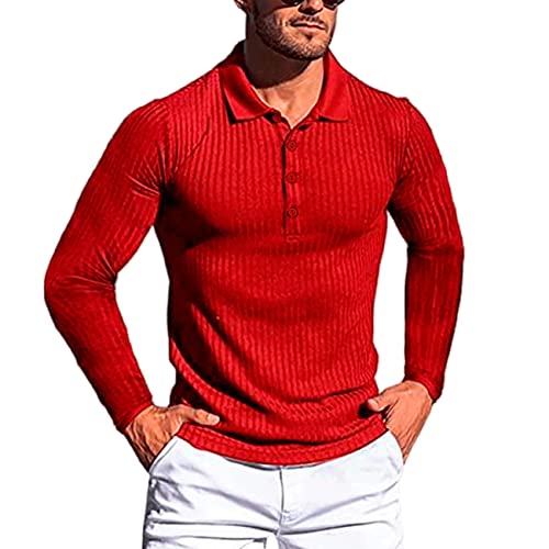 Herren Stretch Workout Muskel Poloshirts mit Langen Ärmeln Reversknopf schmaler Strick lässiges Golf T-Shirt Polo Shirts Baumwolle Oberteile schmale Passform einfarbig Basic Sport Polo Shirts von PECHEMO