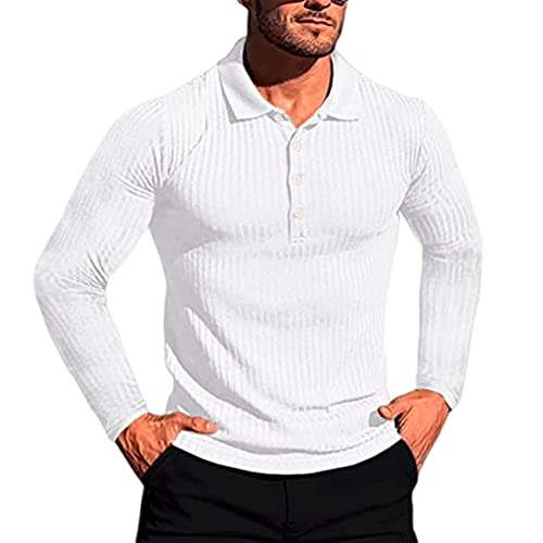 Herren Stretch Workout Muskel Poloshirts mit Langen Ärmeln Reversknopf schmaler Strick lässiges Golf T-Shirt Polo Shirts Baumwolle Oberteile schmale Passform einfarbig Basic Sport Polo Shirts von PECHEMO