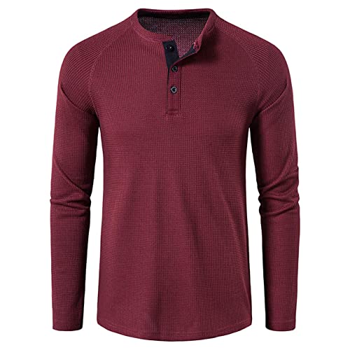 Langärmliges lässiges kragenloses Henley-Hemd für Herren Knopfleiste leichtes bequemes Rundhals-T-Shirt Waffel-Langarm-Henley-T-Shirt Thermo-Unterwäsche Basic-Shirt schmales T-Shirt von PECHEMO