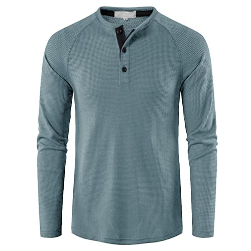 Langärmliges lässiges kragenloses Henley-Hemd für Herren Knopfleiste leichtes bequemes Rundhals-T-Shirt Waffel-Langarm-Henley-T-Shirt Thermo-Unterwäsche Basic-Shirt schmales T-Shirt von PECHEMO