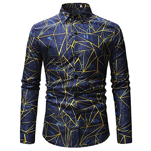 PECHEMO Herren Luxus Paisley Blau Gold Glänzend Bedruckt Stilvolles Slim Fit Button Down Hemd Herren Baumwollhemd Paisley Blumen Langarm Regular Fit Hochzeit Party Casual Business Formelle Kleidung von PECHEMO