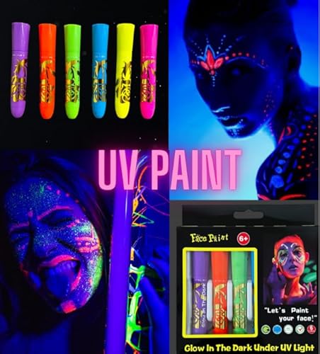 PEEWIT Fluoreszierende Gesichtsmalfarben – 6 Farben UV Face Paint – Leuchtende Stifte für Gesichtsbemalung – Perfekt für Partys und Festivals von PEEWIT
