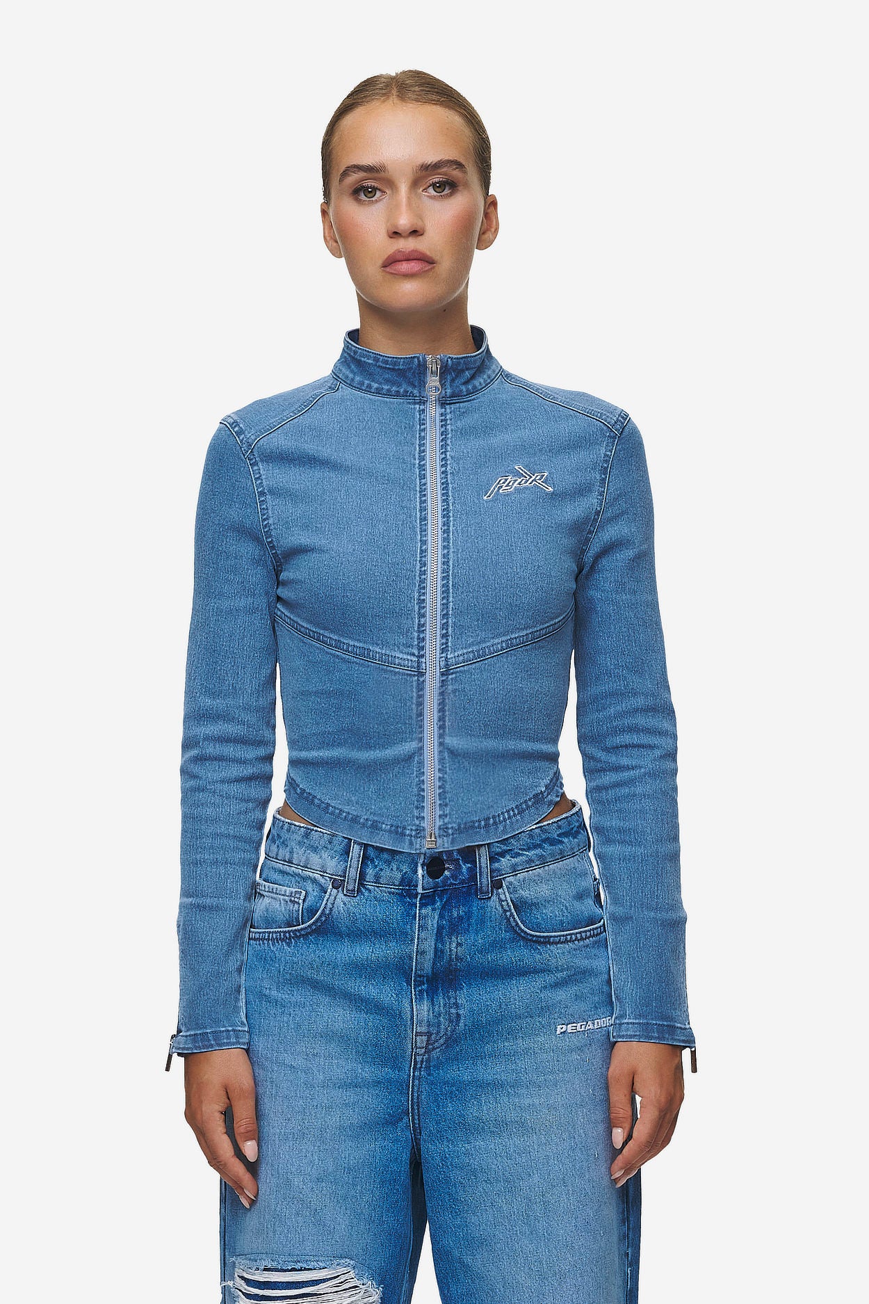 Elly Denim Biker Jacket Washed Blue von PEGADOR®