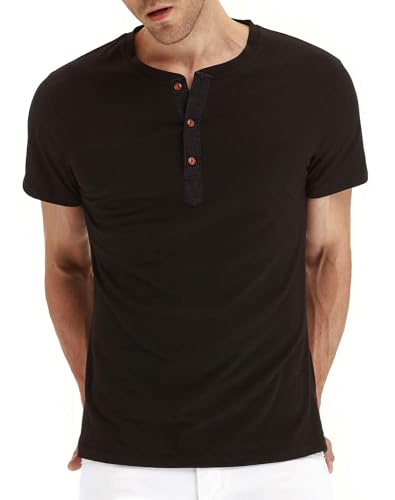 PEGENO Classic Herren Henley T-Shirt Passform Trendigem Lässigem Kurzarm Henley Kragen T-Shirt,C05 Schwarz mittle von PEGENO