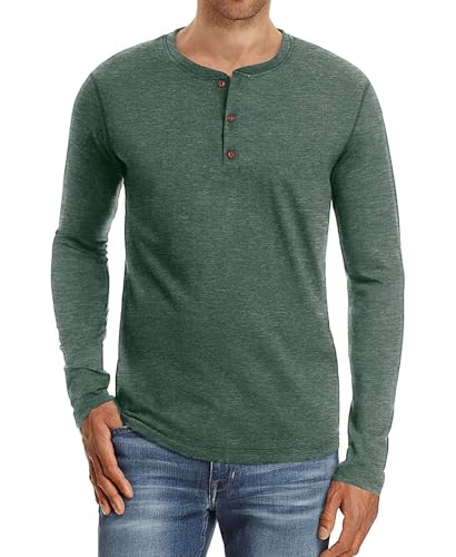 PEGENO Classic Herren Henley T-Shirt Passform Trendigem Lässigem Langarm Henley Kragen T-Shirt,D01 VG-Grün mittle von PEGENO