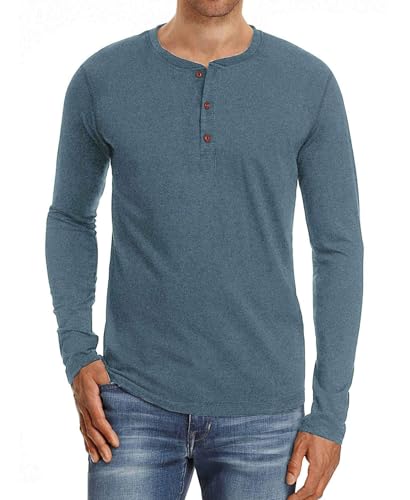 PEGENO Classic Herren Henley T-Shirt Passform Trendigem Lässigem Langarm Henley Kragen T-Shirt,D02 VG-Blau x Large von PEGENO