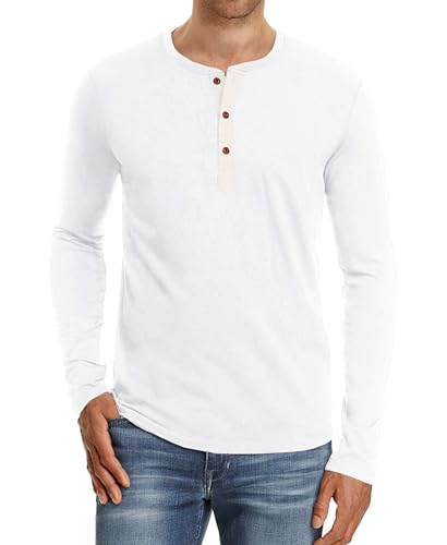 PEGENO Classic Herren Henley T-Shirt Passform Trendigem Lässigem Langarm Henley Kragen T-Shirt,D04 Weiß Large von PEGENO