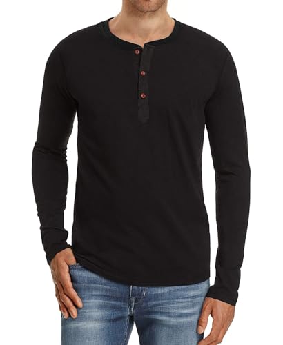 PEGENO Classic Herren Henley T-Shirt Passform Trendigem Lässigem Langarm Henley Kragen T-Shirt,D05 Schwarz klein von PEGENO