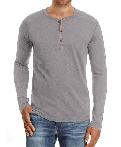 PEGENO Classic Herren Henley T-Shirt Passform Trendigem Lässigem Langarm Henley Kragen T-Shirt,D06 Hellgrau klein von PEGENO