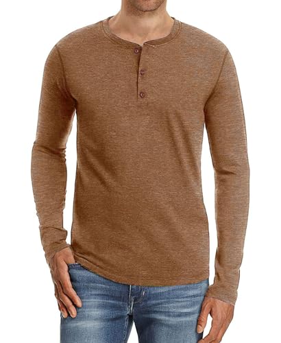 PEGENO Classic Herren Henley T-Shirt Passform Trendigem Lässigem Langarm Henley Kragen T-Shirt,D09 VG-Khaki Large von PEGENO