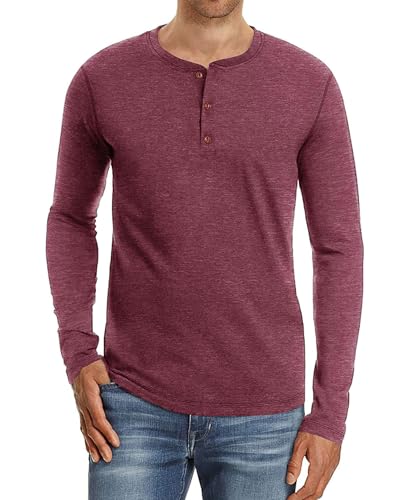 PEGENO Classic Herren Henley T-Shirt Passform Trendigem Lässigem Langarm Herren Henley Kragen Shirt,D11 VG-Rot Large von PEGENO