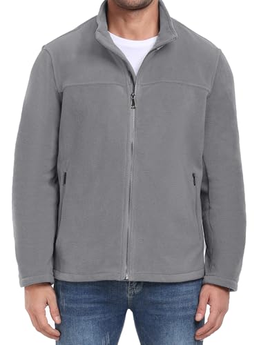 PEGENO Fleecejacke Herren Jacke mit Durchgehendem Reißverschluss Leichte Winddichte Fleece Jacke mit Stehkragen Outdoor Fleecejacken für Herren Hellgrau Groß von PEGENO