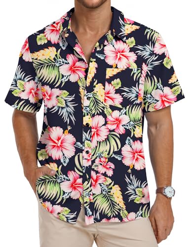 PEGENO Hawaiihemd für Herren, Blume, lässig, Knopfleiste, kurzärmelig, A03 Rot Hibiskus Dunkelblau, L von PEGENO