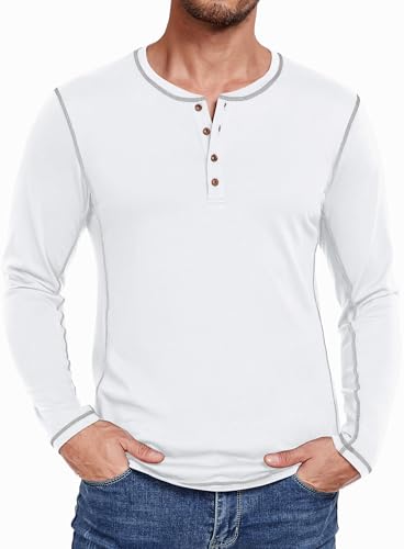 PEGENO Henley T-Shirt für Herren Langarm Lässige Klassische Passform Henley Tshirt Herren Lässiges Baumwolle T Shirt Herren Weiß XXL PEGENO Henley T-Shirt für Herren Langarm Lässige Klassische Passform Henley Tshirt Herren Lässiges Baumwolle T Shirt Herren Weiß XXL von PEGENO