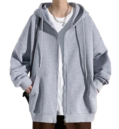 PEGENO Herren Full Zip Hoodie Kangaroo Pocket Leichter Langarm Mantel,Grau,2XL von PEGENO