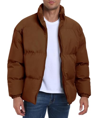 PEGENO Herren Winter Gepolsterte Jacke mit Reißverschluss Stand Kragen Winddichte Brot Jacke Dicke Winterjacke Herren Leichte Puffer Jacke Herren Kaffee Mittle von PEGENO