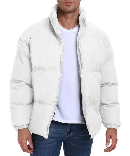 PEGENO Herren Winter Gepolsterte Jacke mit Reißverschluss Stand Kragen Winddichte Brot Jacke Dicke Winterjacke Herren Leichte Puffer Jacke Herren Weiß Groß von PEGENO