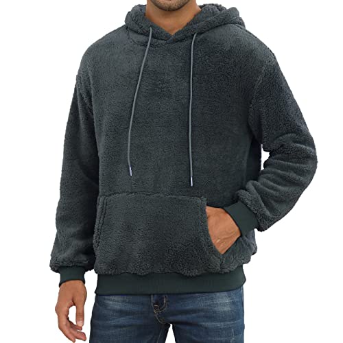 PEGENO Herren Hoodie aus Sherpa Fleece mit Tasche Basic Pullover Langarm Casual Winter Kapuzenpullover, Blau Grau, L von PEGENO
