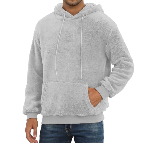 PEGENO Hoodie Herren aus Sherpa Fleece mit Tasche Basic Pullover Herren Langarm Casual Winter Kapuzenpullover Herren,Hellgrau X Large von PEGENO