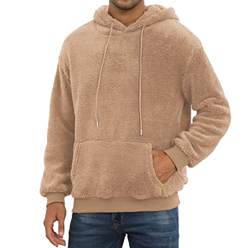 PEGENO Hoodie Herren aus Sherpa Fleece mit Tasche Basic Pullover Herren Langarm Casual Winter Kapuzenpullover Herren,Khaki Groß von PEGENO