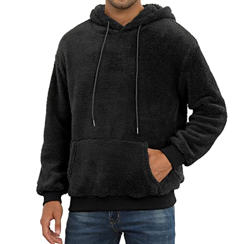 PEGENO Hoodie Herren aus Sherpa Fleece mit Tasche Basic Pullover Herren Langarm Casual Winter Kapuzenpullover Herren,Schwarz X Large von PEGENO
