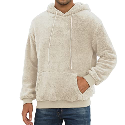 PEGENO Hoodie Herren aus Sherpa Fleece mit Tasche Basic Pullover Herren Langarm Casual Winter Kapuzenpullover Herren,Warmweiß 2XL von PEGENO