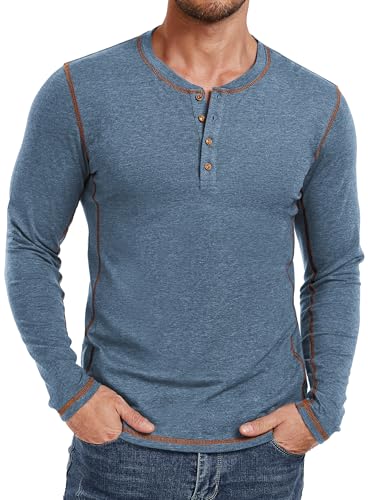 PEGENO Langarmshirt Herren Casual Leicht Baumwolle Slim Fit T-Shirt Klassische Passform Herren Henley Shirt mit Kontrastnähten VG-Blau Mittle von PEGENO