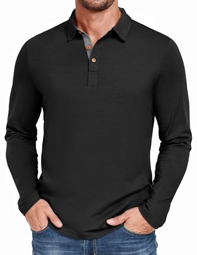 PEGENO Poloshirt Herren Langarm Klassische Trendiges Polo Langarmshirt Herren Freizeit Basic Baumwolle Golf T-Shirts Schwarz klein von PEGENO