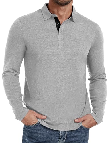 PEGENO Herren Pullover aus Baumwolle - Klassisches Poloshirt für Herren mit Langarm - Freizeit Basic Polo Langarmshirt in Hellgrau, klein von PEGENO
