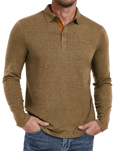 PEGENO Poloshirt Herren Langarm Klassische Trendiges Polo Langarmshirt Freizeit Basic Baumwolle Pullover Vg-Khaki Mittle von PEGENO