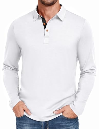 PEGENO Tshirt Herren Langarm Klassische Slim Fit Polo Langarmshirt Herren Freizeit Basic Baumwolle Poloshirt Herren Weiß xx Large von PEGENO