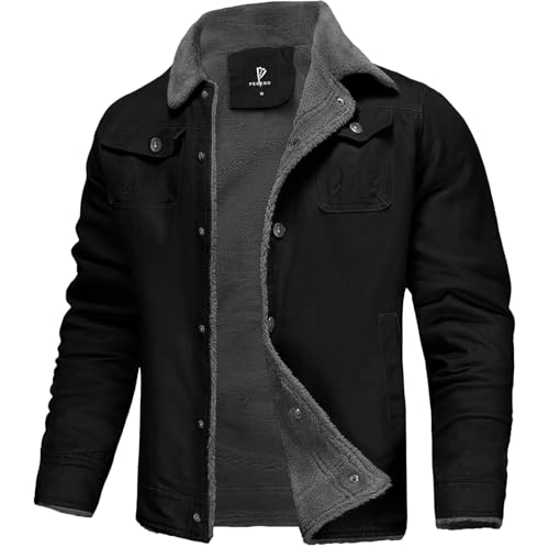 PEGENO Winterjacke Herren Übergangsjacke Herren Winter Sherpa Gefüttert Fleece Jacke Herren Trucker Jacke Winddichte und Warme Daunenjacke Herren Schwarz X Large von PEGENO