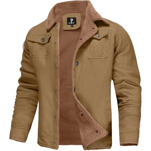 PEGENO Winterjacke Herren Übergangsjacke Herren Winter Sherpa Gefüttert Fleece Jacke Herren Trucker Jacke Winddichte und Warme Jacke Herren Winter Khaki Mittle von PEGENO