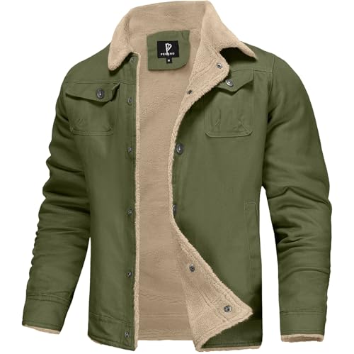 PEGENO Winterjacke Herren Übergangsjacke Sherpa Gefüttert Fleece Trucker Jacke Winddichte Warme Outdoorjacke Armeegrün XX Large von PEGENO
