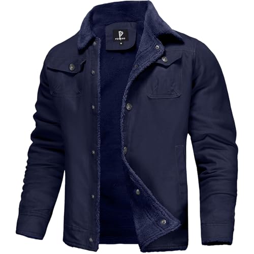PEGENO Winterjacke Herren Übergangsjacke Herren Winter Sherpa Gefüttert Fleece Jacke Herren Trucker Jacke Winddichte und Warme Outdoorjacke Marineblau Mittle von PEGENO