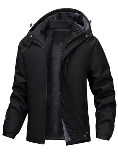 PEGENO Winterjacke Herren Warme Fleece Gefütterte Skijacke Herren Winddichte Atmungsaktive Herren Winterjacke mit Abnehmbarer Kapuze Outdoor Skijacken für Herren Schwarz Groß von PEGENO