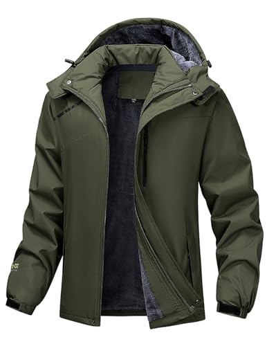 PEGENO Winterjacke Herren Warme Fleece Gefütterte Skijacke Herren Winddichte Atmungsaktive Herren Winterjacke mit Abnehmbarer Kapuze Outdoor Skijacken für Herren Armeegrün Klein von PEGENO