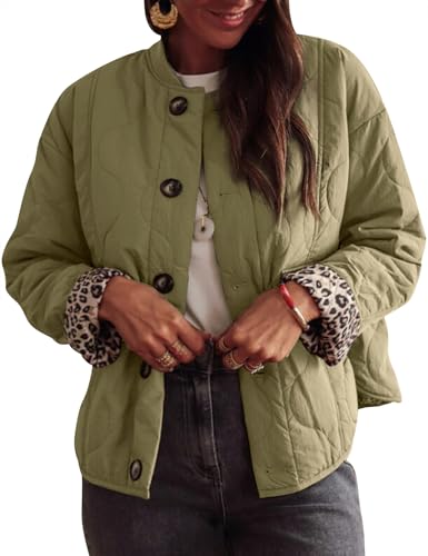 PEHMEA Damen Cropped Steppjacke Button Down Mantel Leopard Futter Bomber Outwear mit Taschen, Army Grün, L von PEHMEA