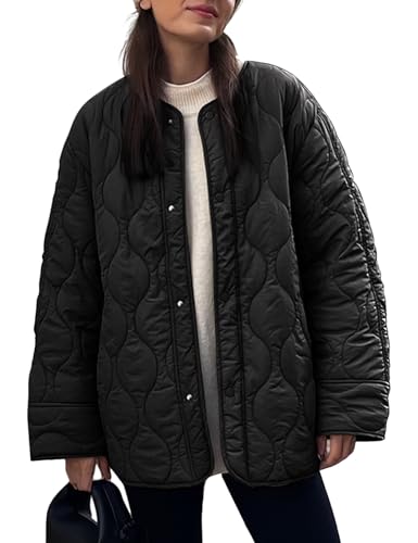 PEHMEA Damen Steppjacke Oversized Button Down Mantel Mode Bomber Oberbekleidung mit Taschen, Schwarz, S von PEHMEA