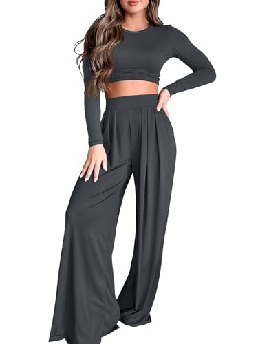 PEIARA 2-teiliges Lounge-Set für Damen, langärmelig, bauchfreies Oberteil, zweiteiliges Outfit, weites Bein, Palazzo-Hose, passende Trainingsanzüge, Dunkelgrau, Medium von PEIARA