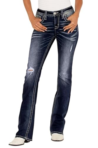 PEIHOT Damen-Jeans, hohe Taille, Blumenstickerei, zierliche Hose, zerrissener Bootcut, Staright-Bein, Denim-Hose, 608-Dunkelblau, M von PEIHOT