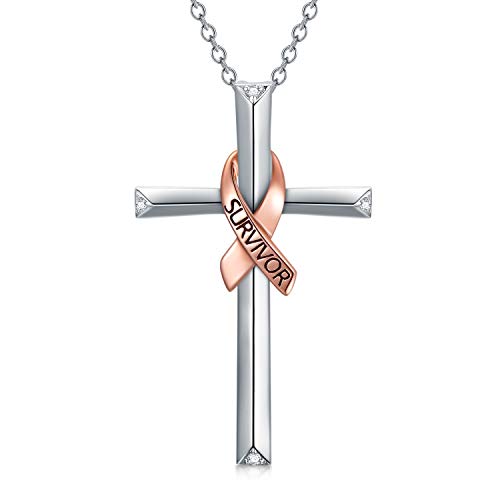 PEIMKO Brustkrebs Awareness Survivor Schmuck Geschenke für Frauen, 925 Sterling Silber Brustkrebs Survivor Kreuz Anhänger Halskette für Frauen Post Surgery Survivor Chemo von PEIMKO