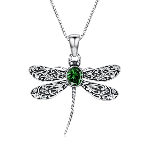 PEIMKO Vintage Libellen-Anhänger für Damen aus 925 Sterling Silber, ovaler Smaragd von PEIMKO